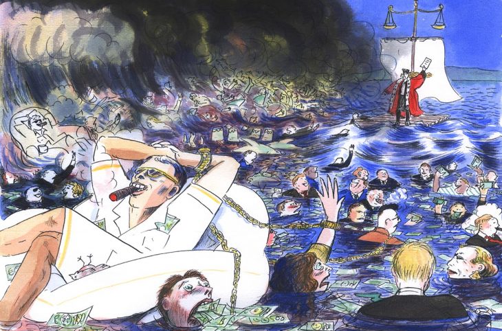 Illustration mettant en scène des hommes et femmes d'affaire flottant sur un océan déchaîné. Certains semblent confiants et d'autres paniquent. Au fond, un radeau flotte transportant un magistrat en robe (mat symolisant la balance de la justice).