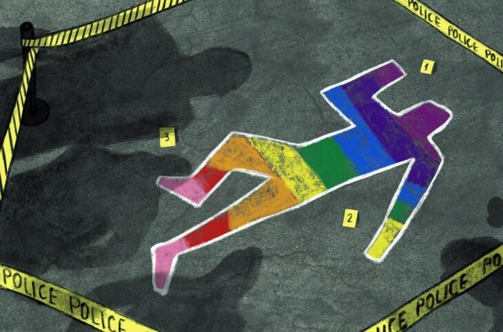 Le combat contre les crimes de genre - Illustration : une scène de crime (bannière de police et pièces à conviction numérotées) où la silhouette d'un personnage marquée au sol est remplie par les couleurs du drapeau arc-en-ciel de la communauté LGBTQ+.