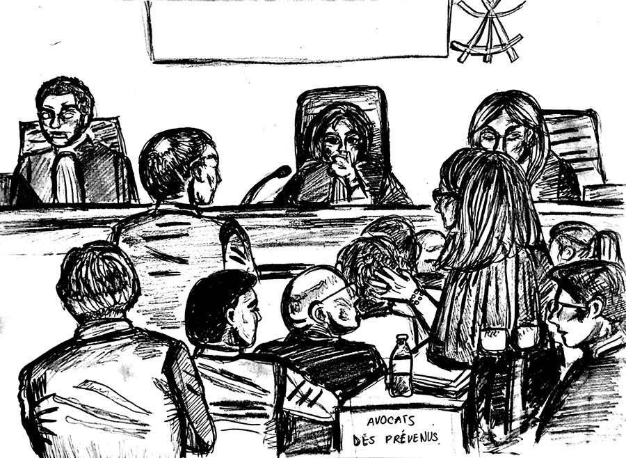 Dessin au crayon illustrant l‘ancien PDG du groupe Lafarge Bruno Lafont et l’avocate de La Défense Solange Doumic face à la cour.