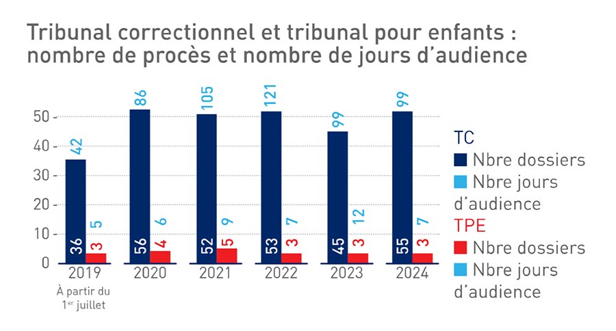 Criminal Court (the 16th chamber, in blue) and Juvenile Court (in red): Number of cases and number of hearing days).