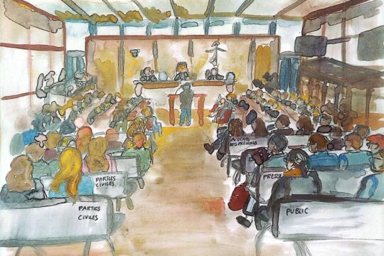 Procès Lafage à paris pour des crimes commis en Syrie. Illustration : peinture acrylique (aquarelle) de la salle d'audience comble, vue de l'arrière. Inscriptions à l'arrière des banc : 