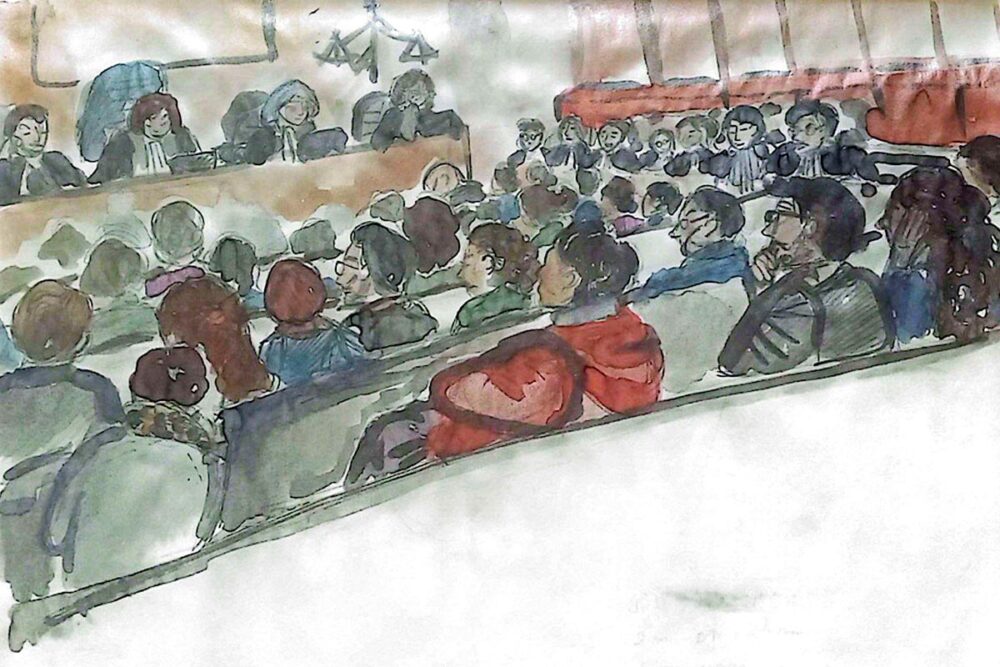 Salle d’audience du procès Lafarge. Illustration (aquarelle sur papier) : © María Araos Flórez Salle d’audience du procès Lafarge
