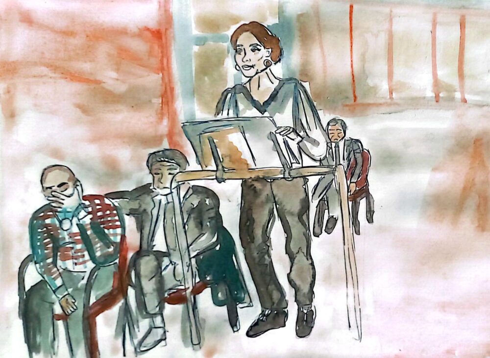 Testimony of Gaëlle Messager. Illustration (watercolor on paper): © María Araos Flórez Testimony of Gaëlle Messager during the Lafarge trial in Paris