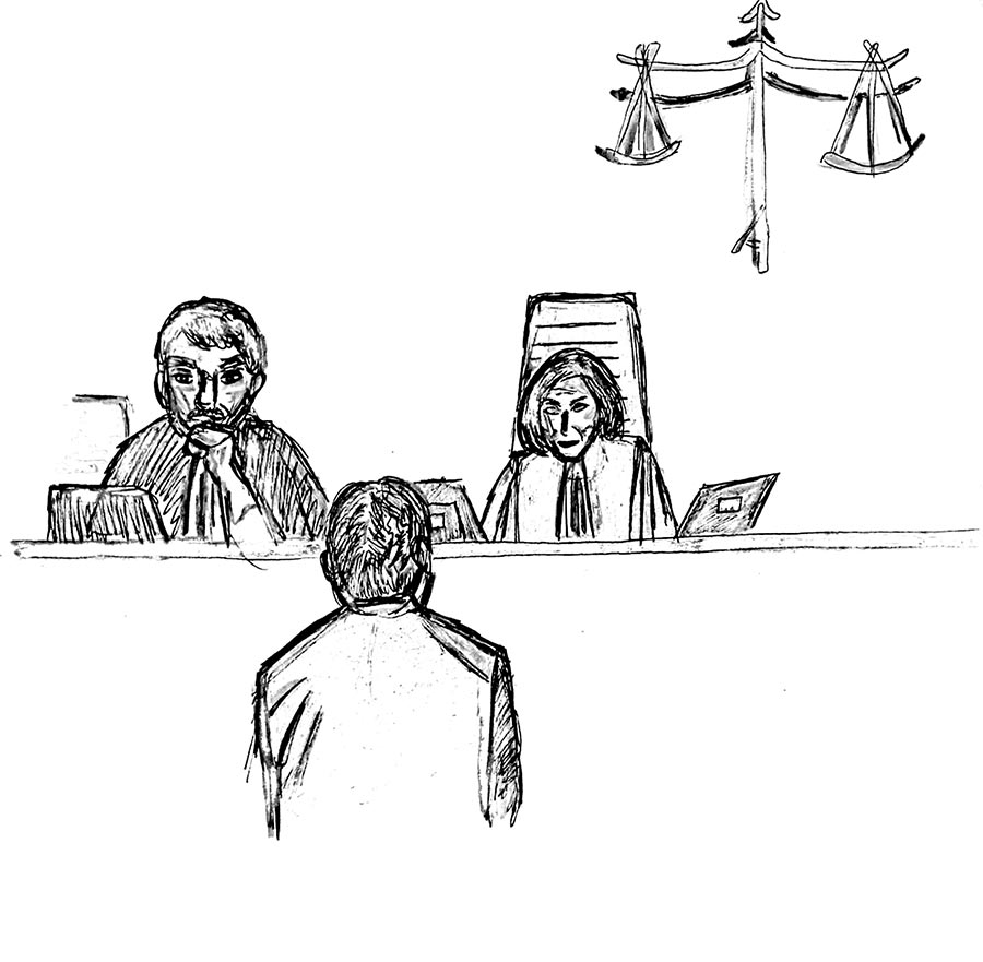 Procès Lafarge - Dessin illustrant Bruno Pescheux (debout, de dos) échangeant avec 2 juges, placés en hauteur, assis devant un bureau sur une estrade.